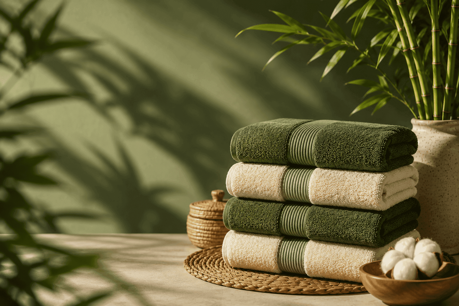 Folded bamboo towels styled with natural bamboo